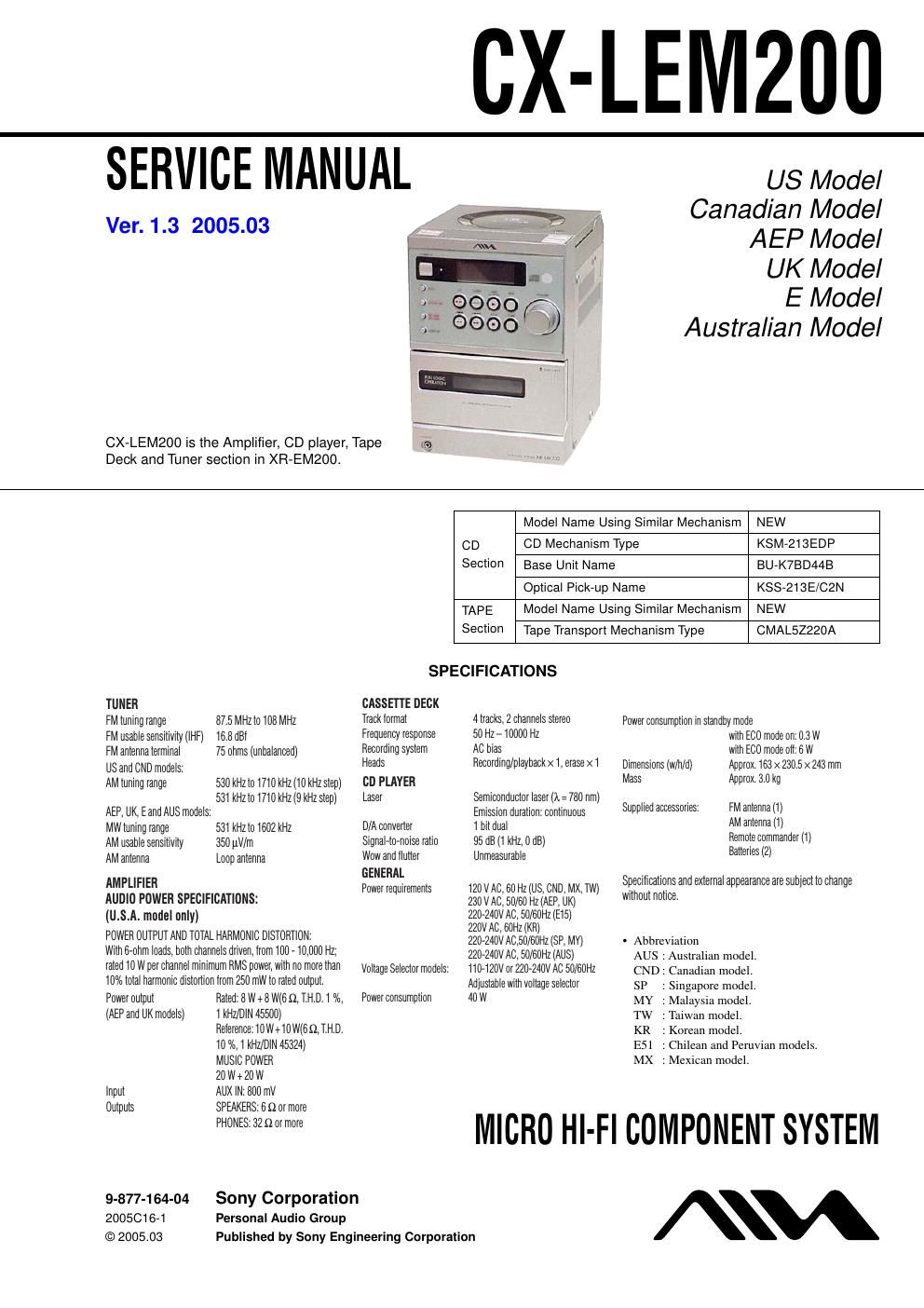 sony cx lem 200 service manual