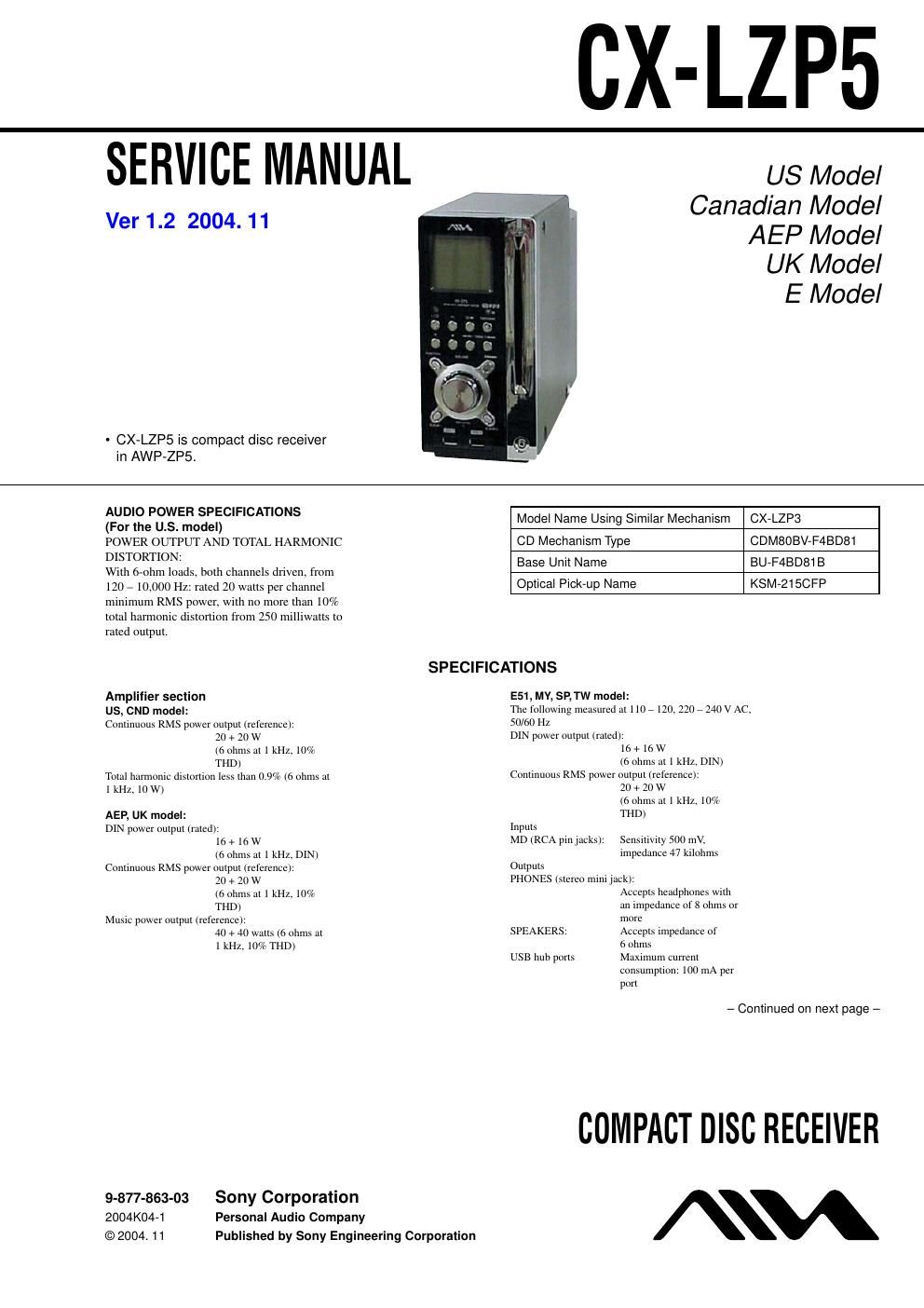 sony cx lzp 5 service manual