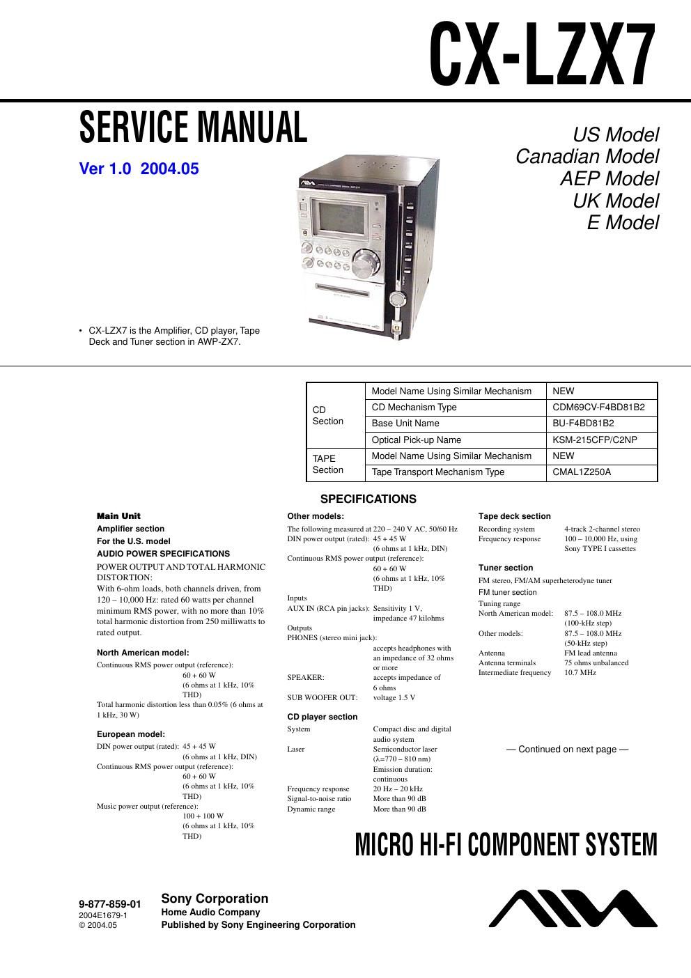 sony cx lzx 7 service manual