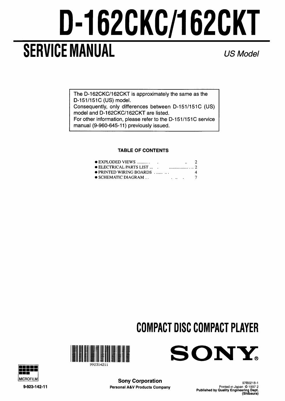 sony d 162 ckt service manual