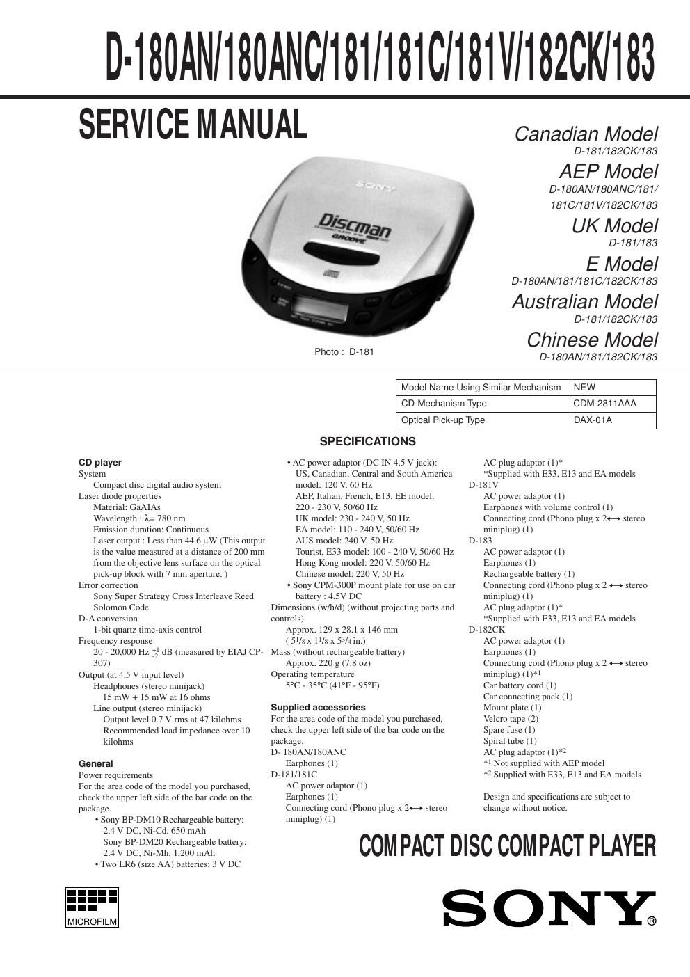 sony d 180 an service manual