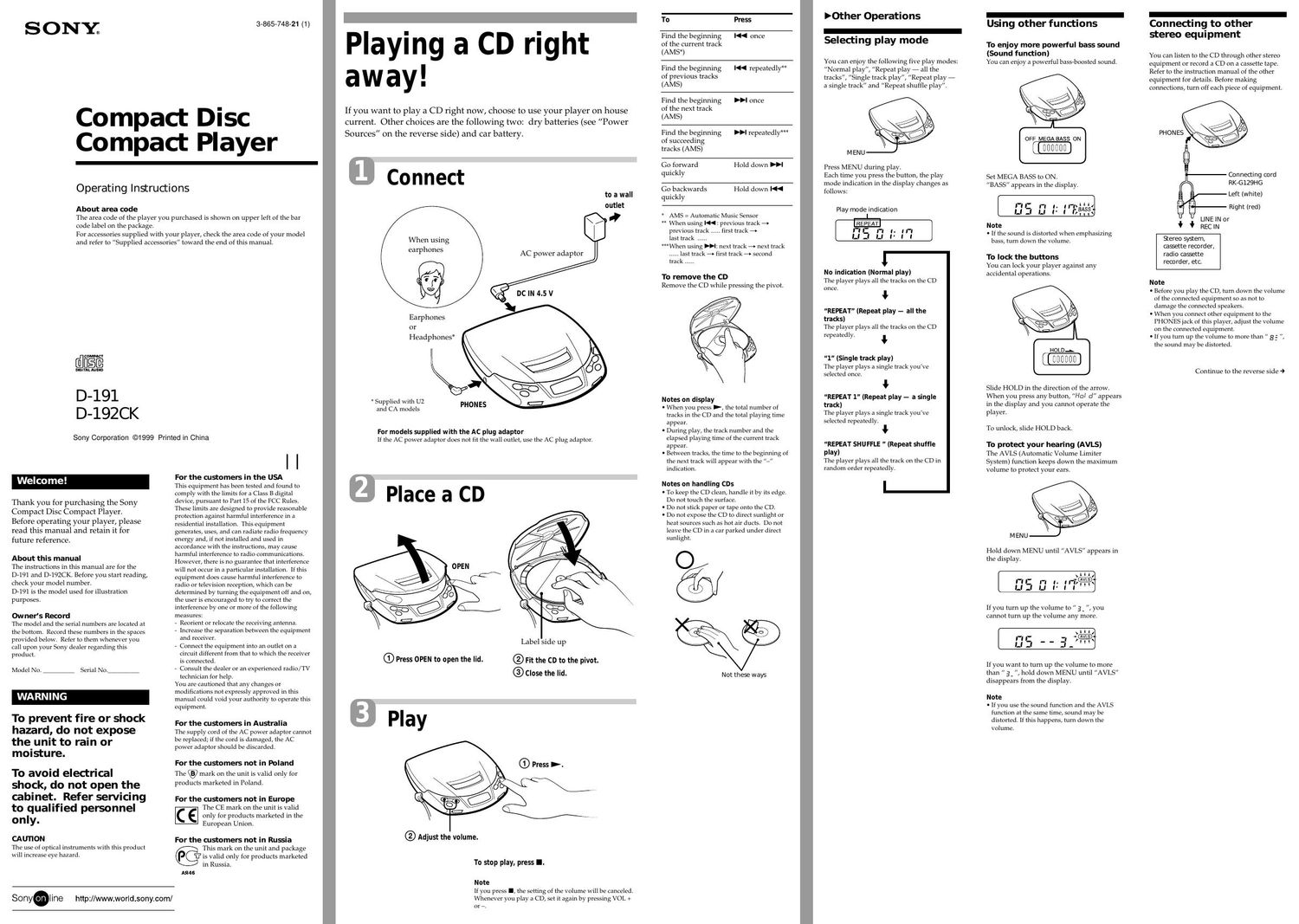 sony d 191 owners manual