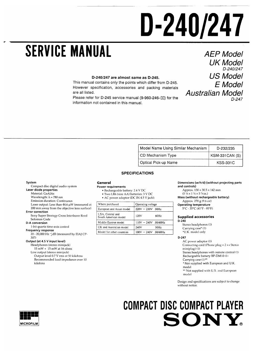 sony d 240 service manual