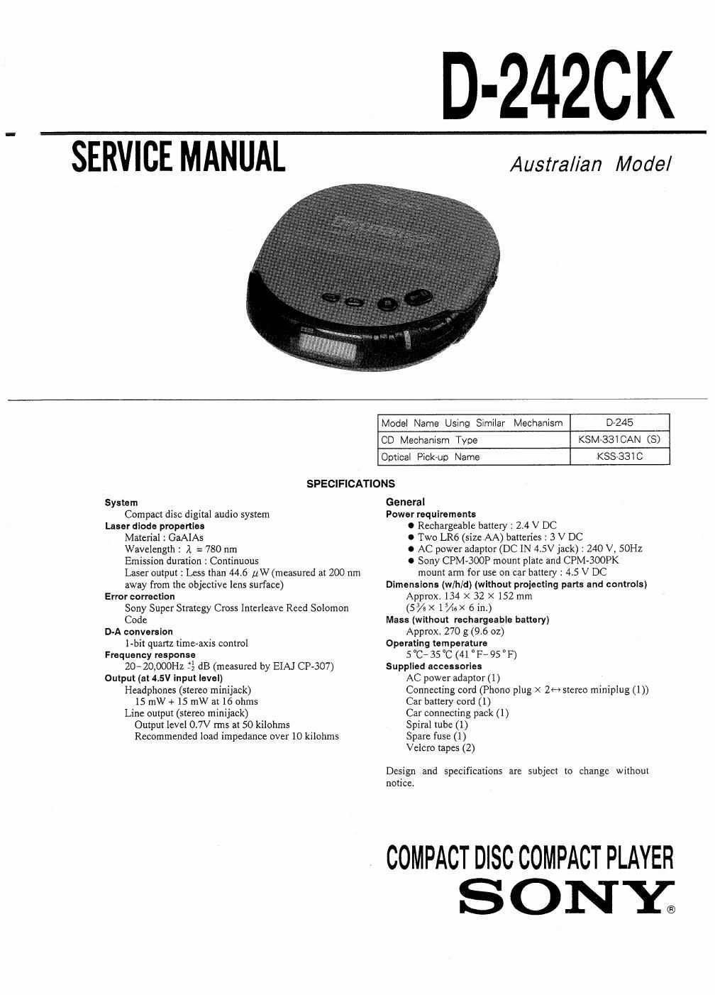 sony d 242 ck service manual