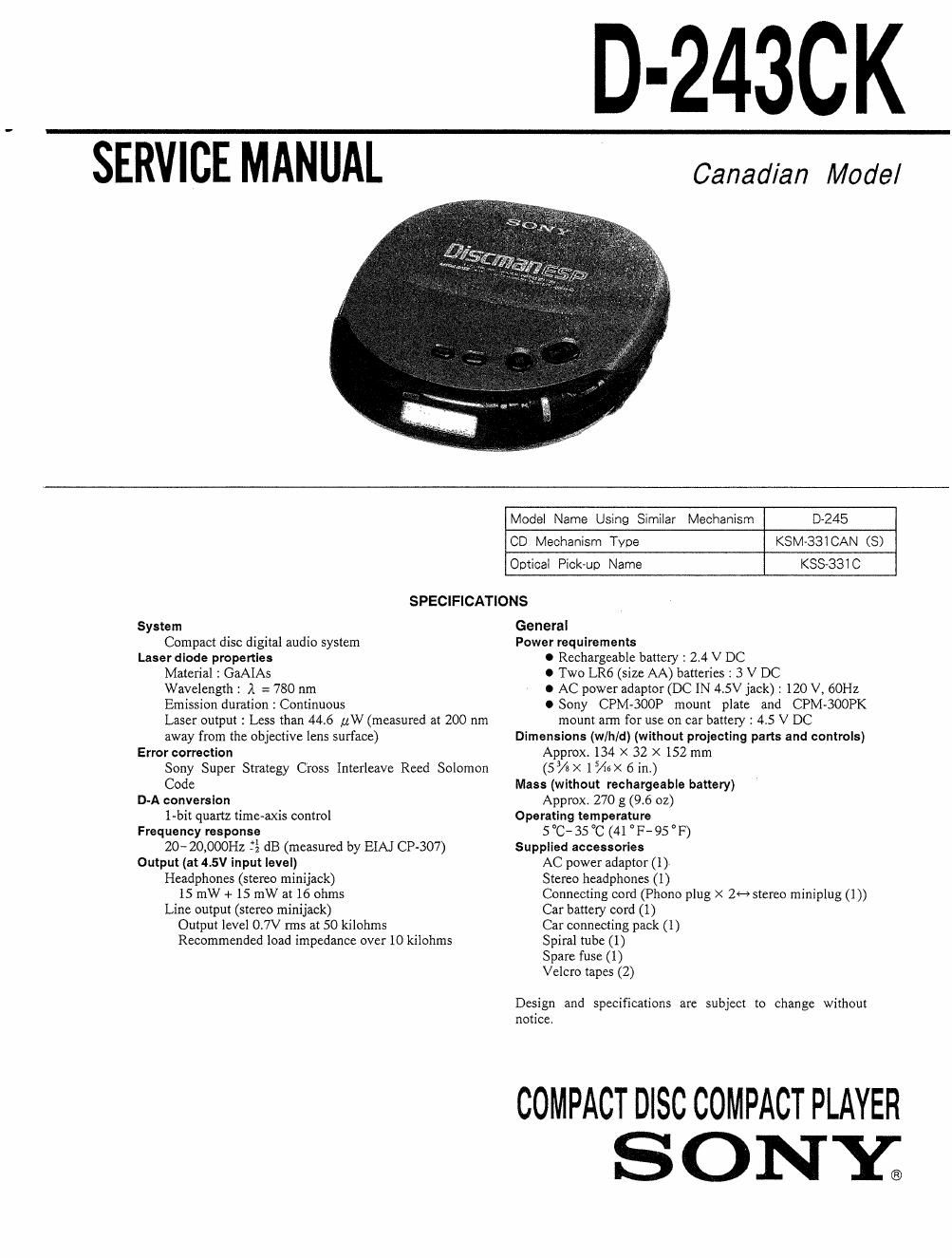 sony d 243 ck service manual