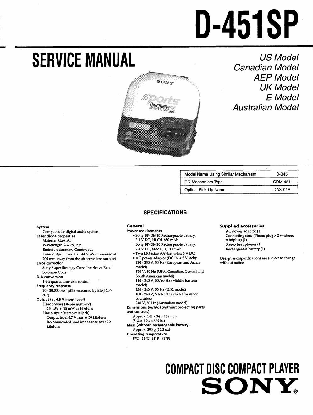 sony d 451 sp service manual