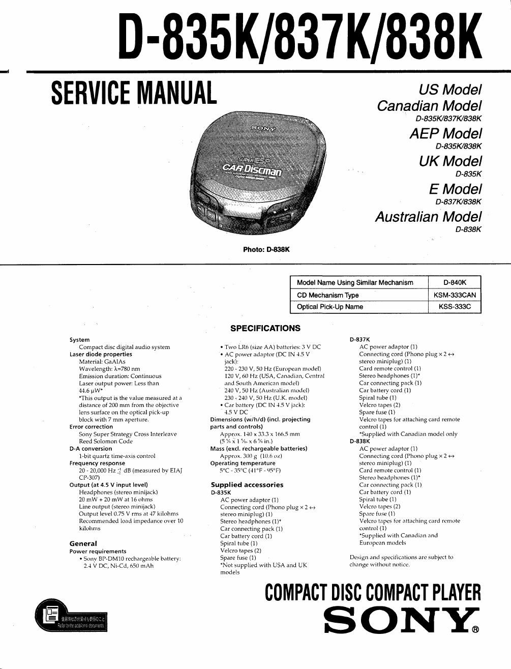 sony d 835 k service manual