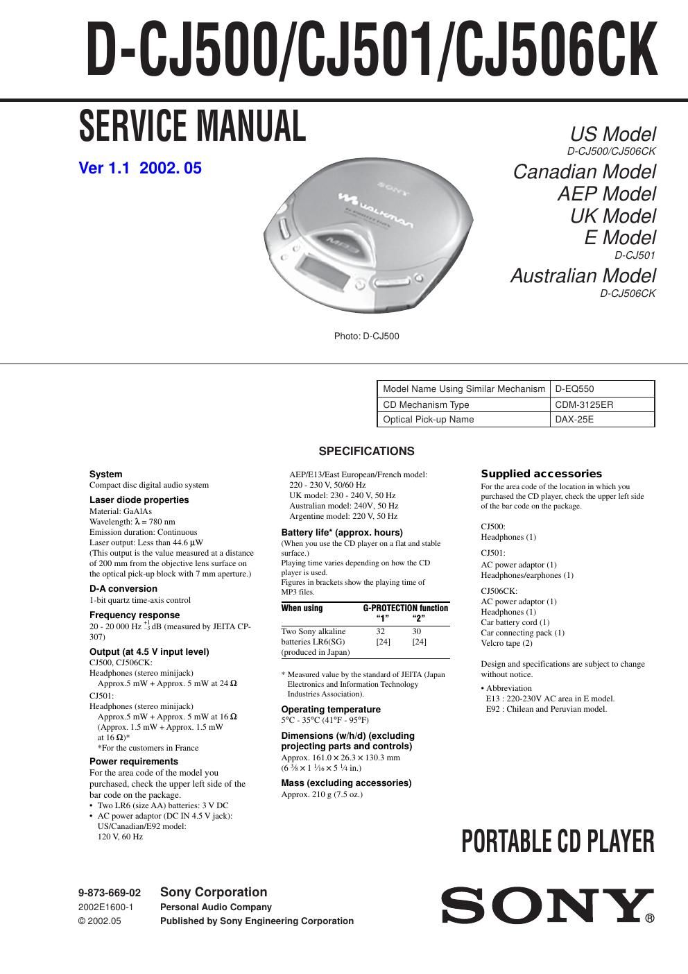 sony d cj 500 service manual