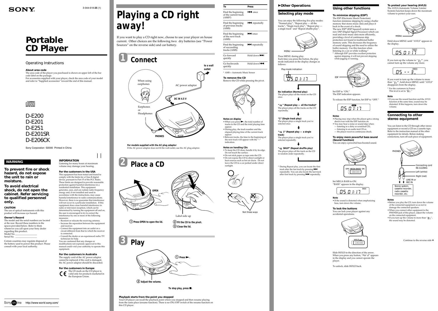 sony d e 200 owners manual