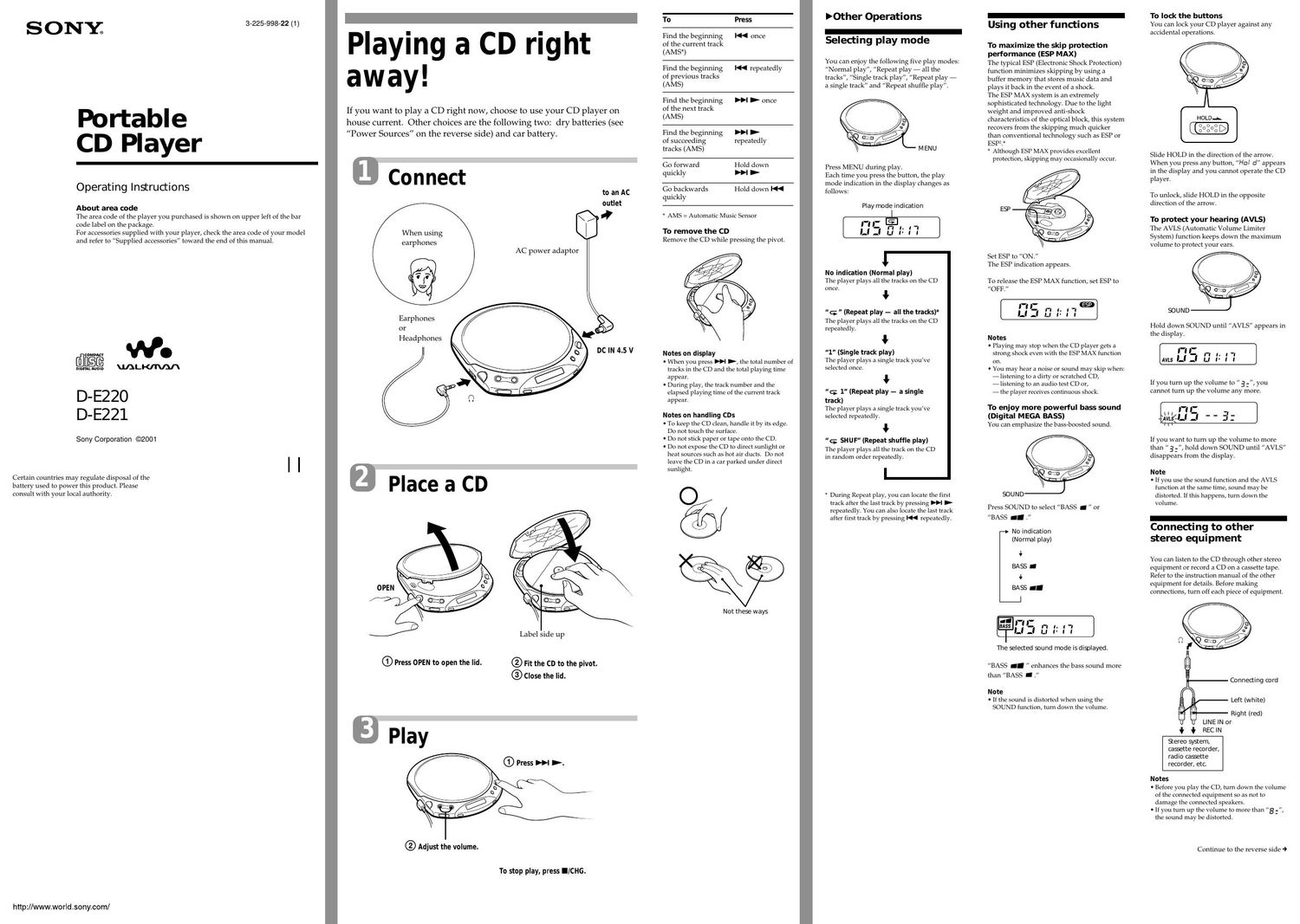 sony d e 220 owners manual