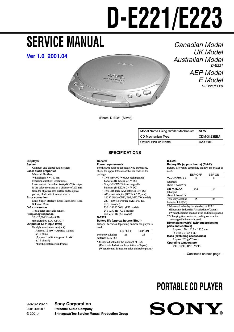 sony d e 223 service manual