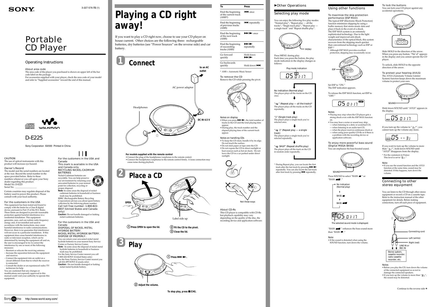 sony d e 225 owners manual