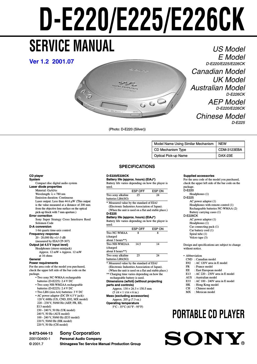 sony d e 226 ck service manual