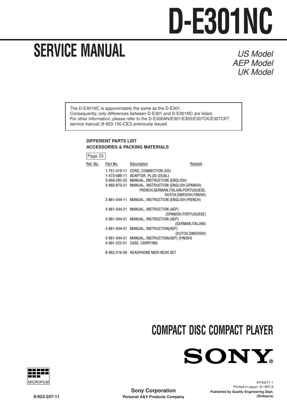 sony d e 301 nc service manual