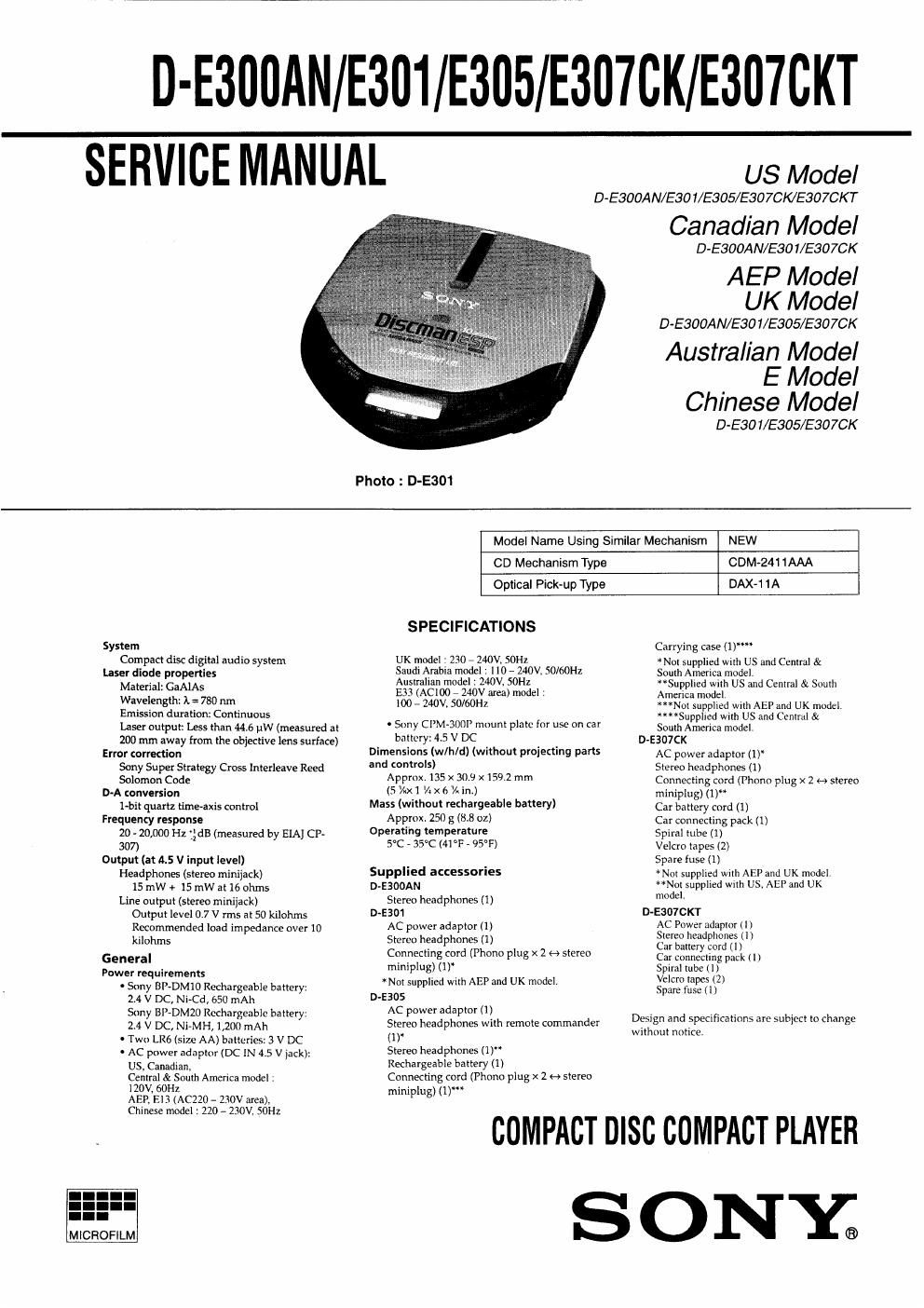 sony d e 301 service manual