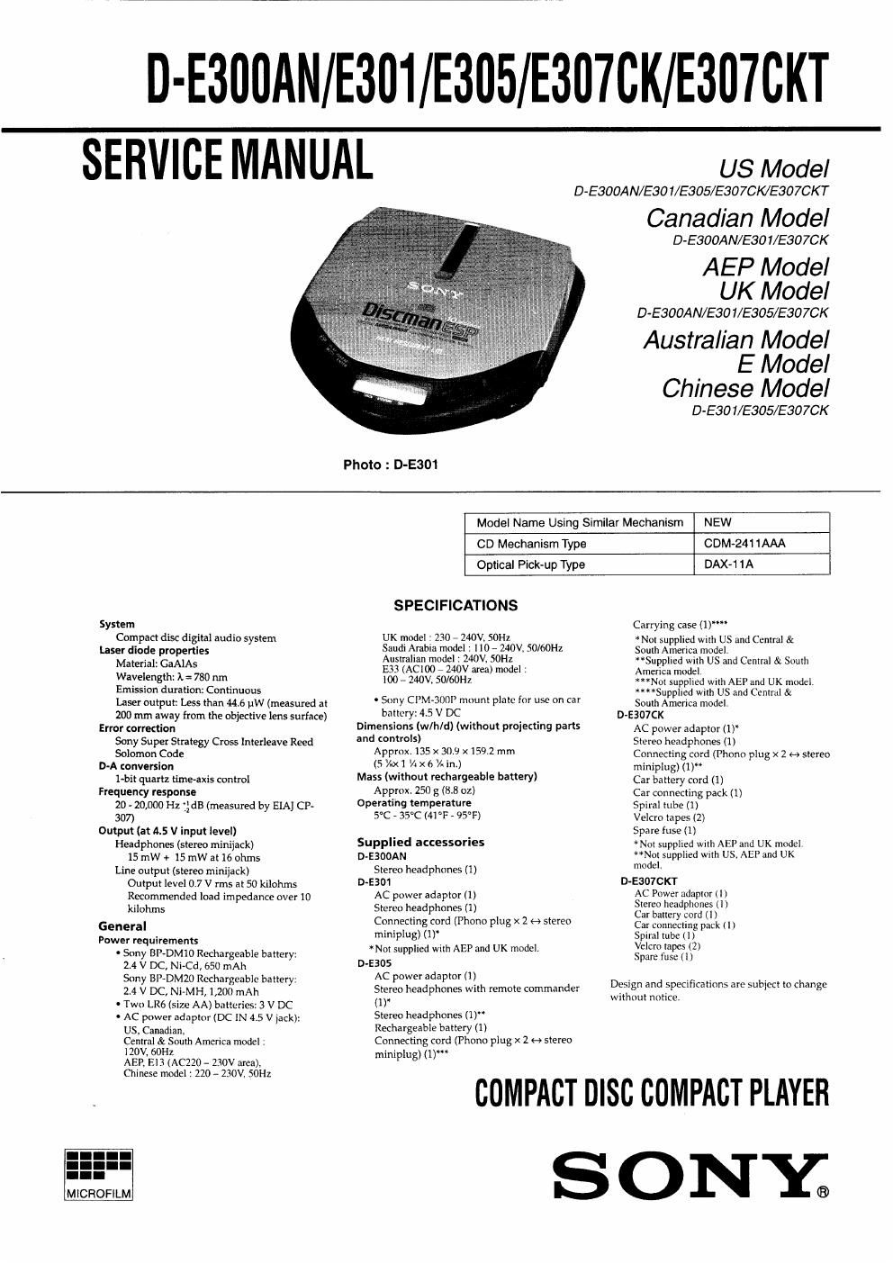 sony d e 301 service manual