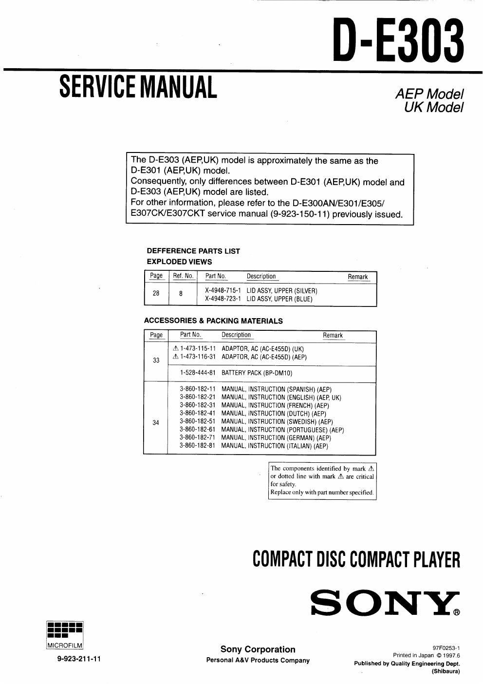 sony d e 303 service manual