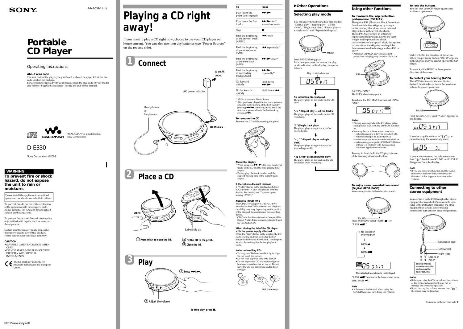 sony d e 330 owners manual