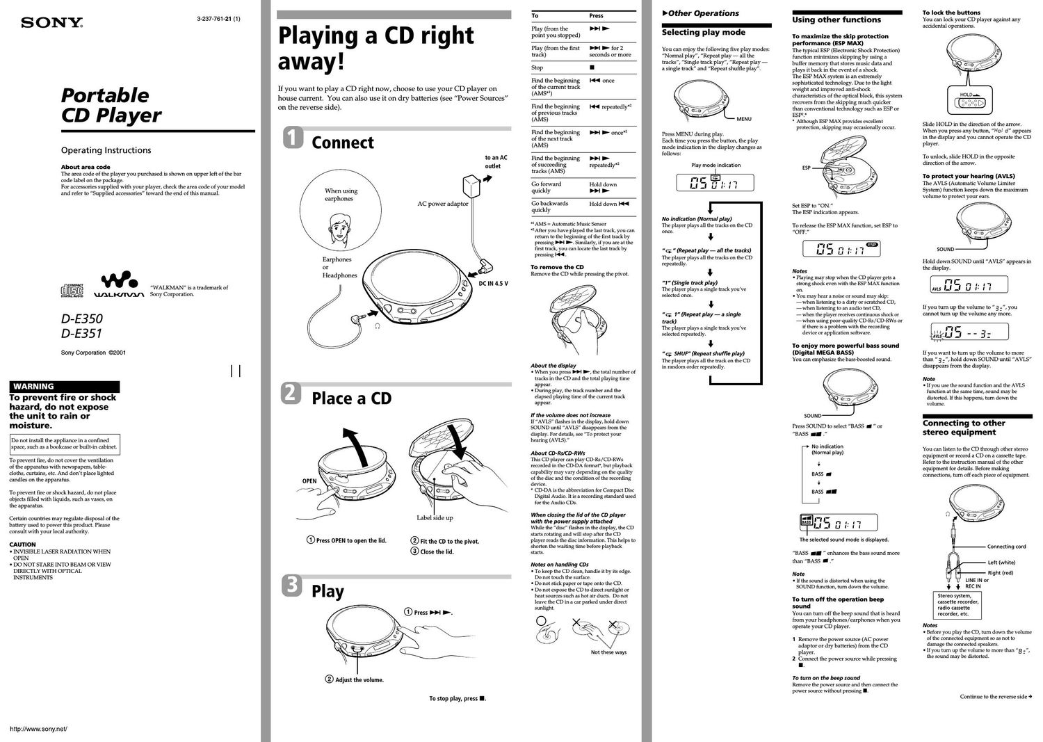 sony d e 350 owners manual