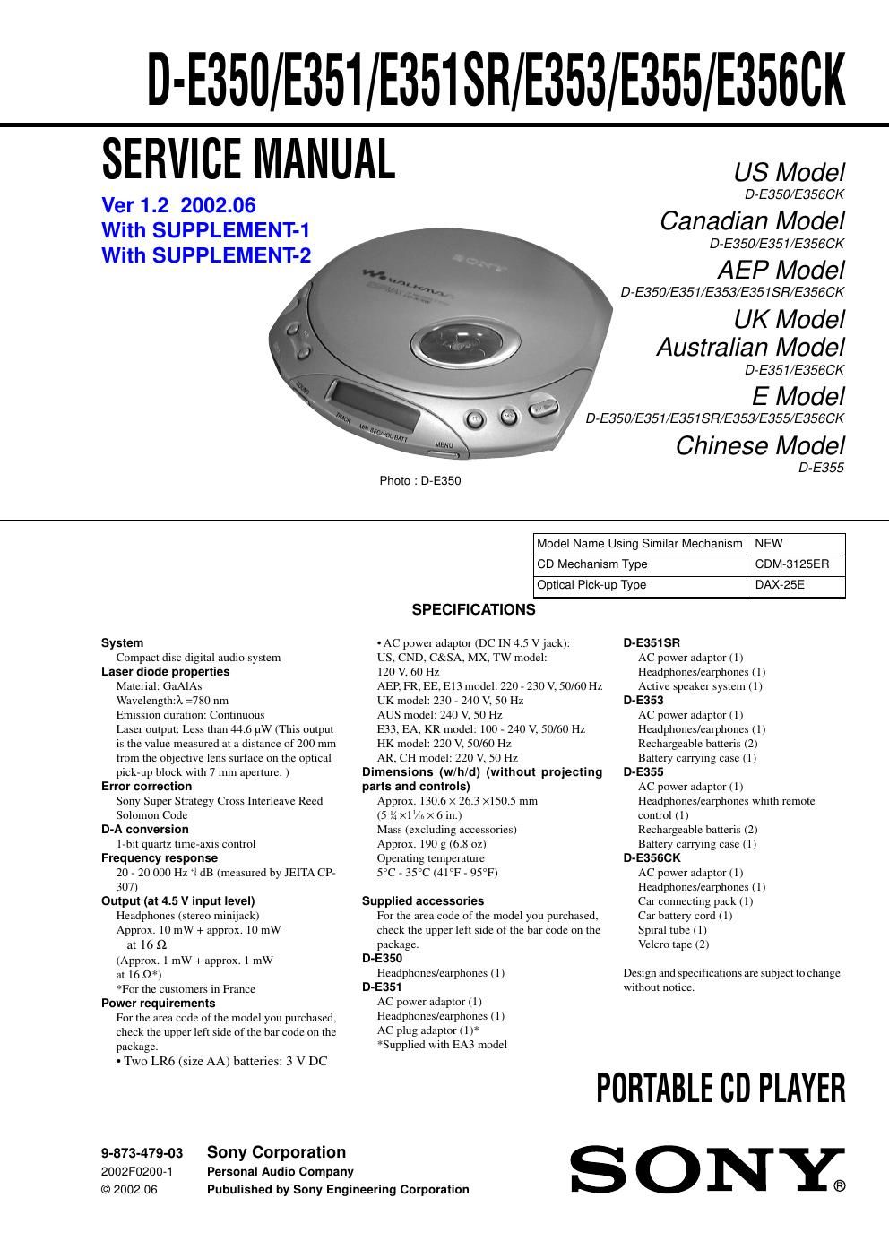 sony d e 351 sr service manual