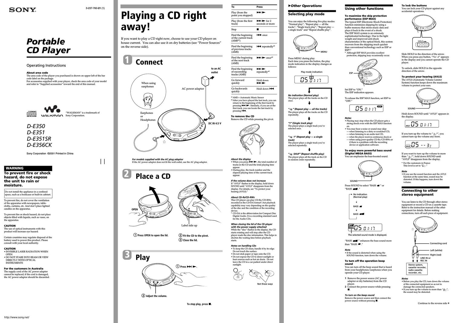 sony d e 356 ck owners manual