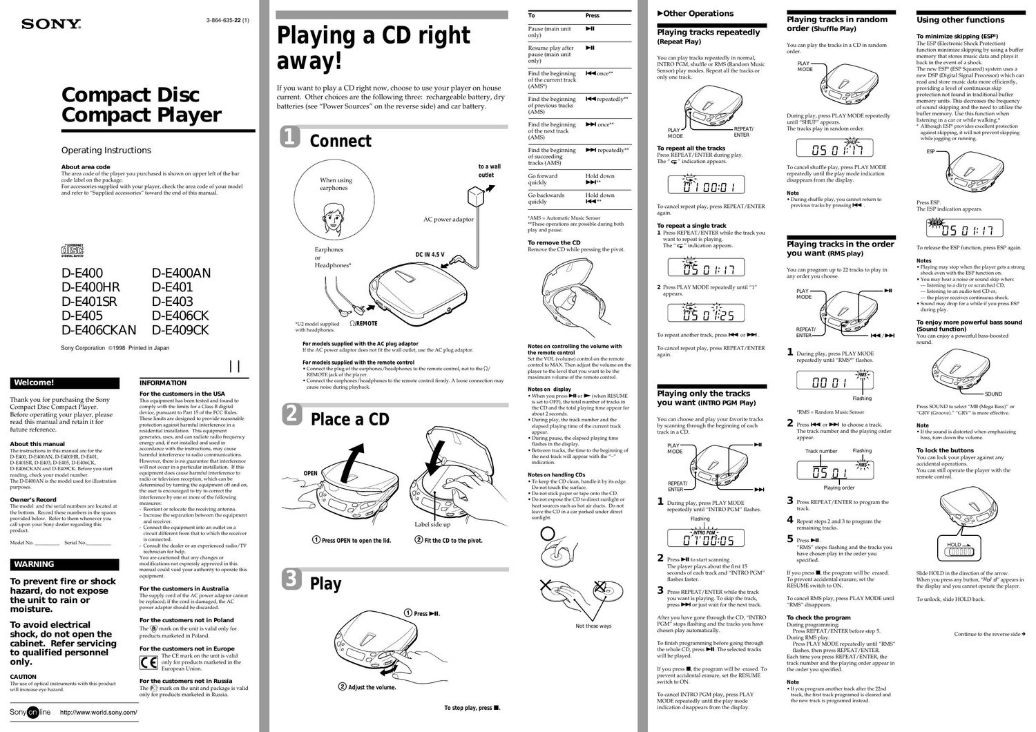 sony d e 400 an owners manual
