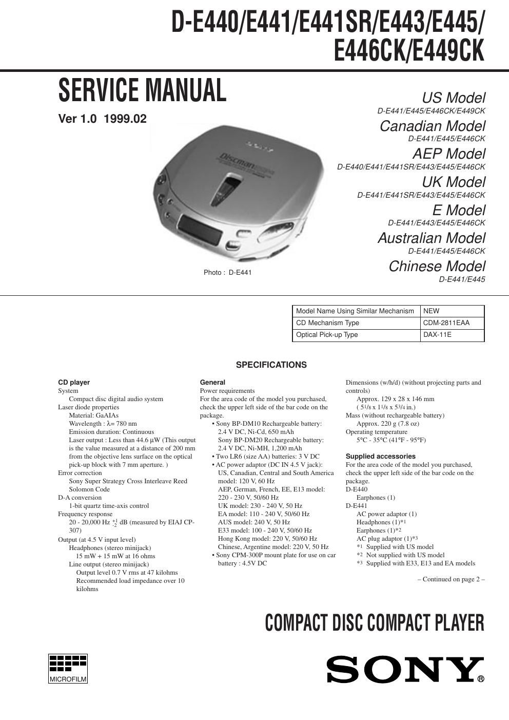 sony d e 440 service manual