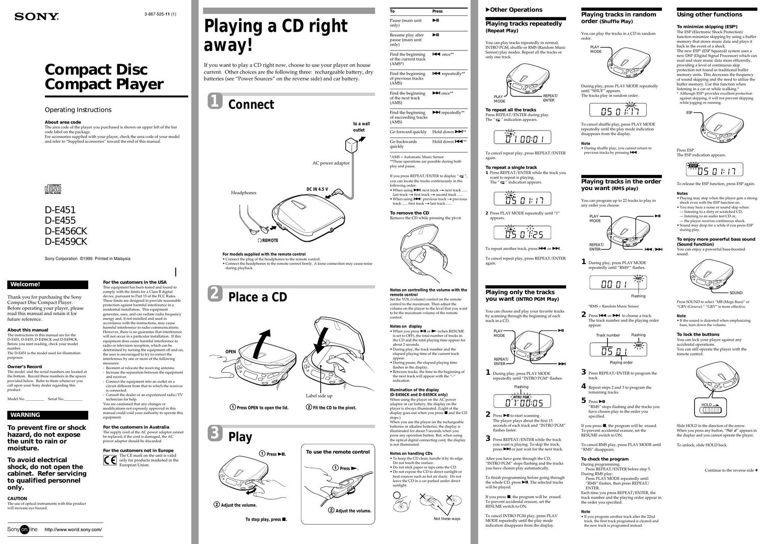 sony d e 451 owners manual
