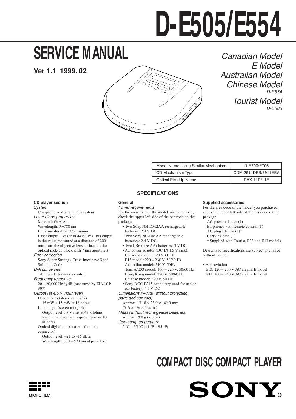 sony d e 505 service manual