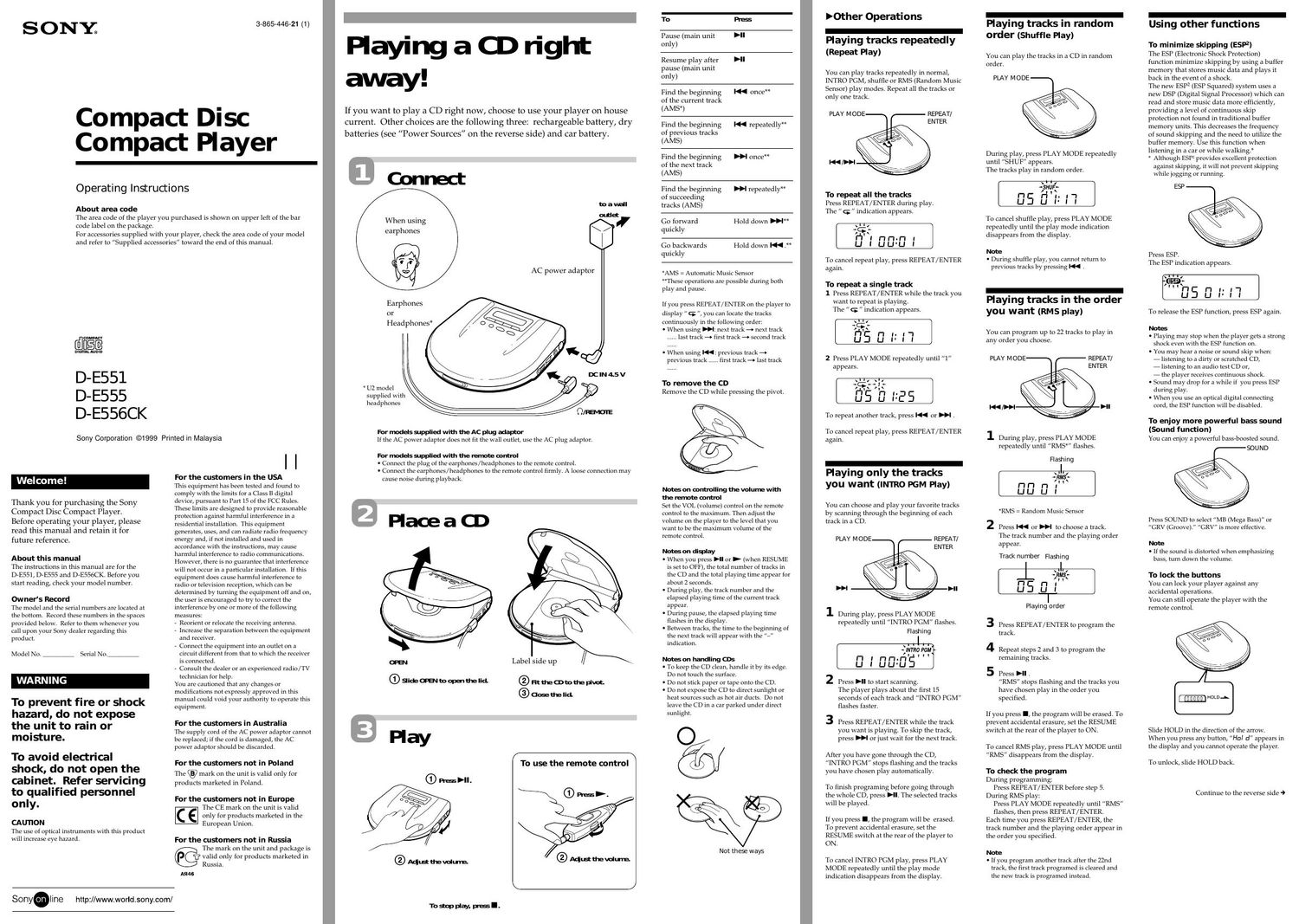 sony d e 551 owners manual
