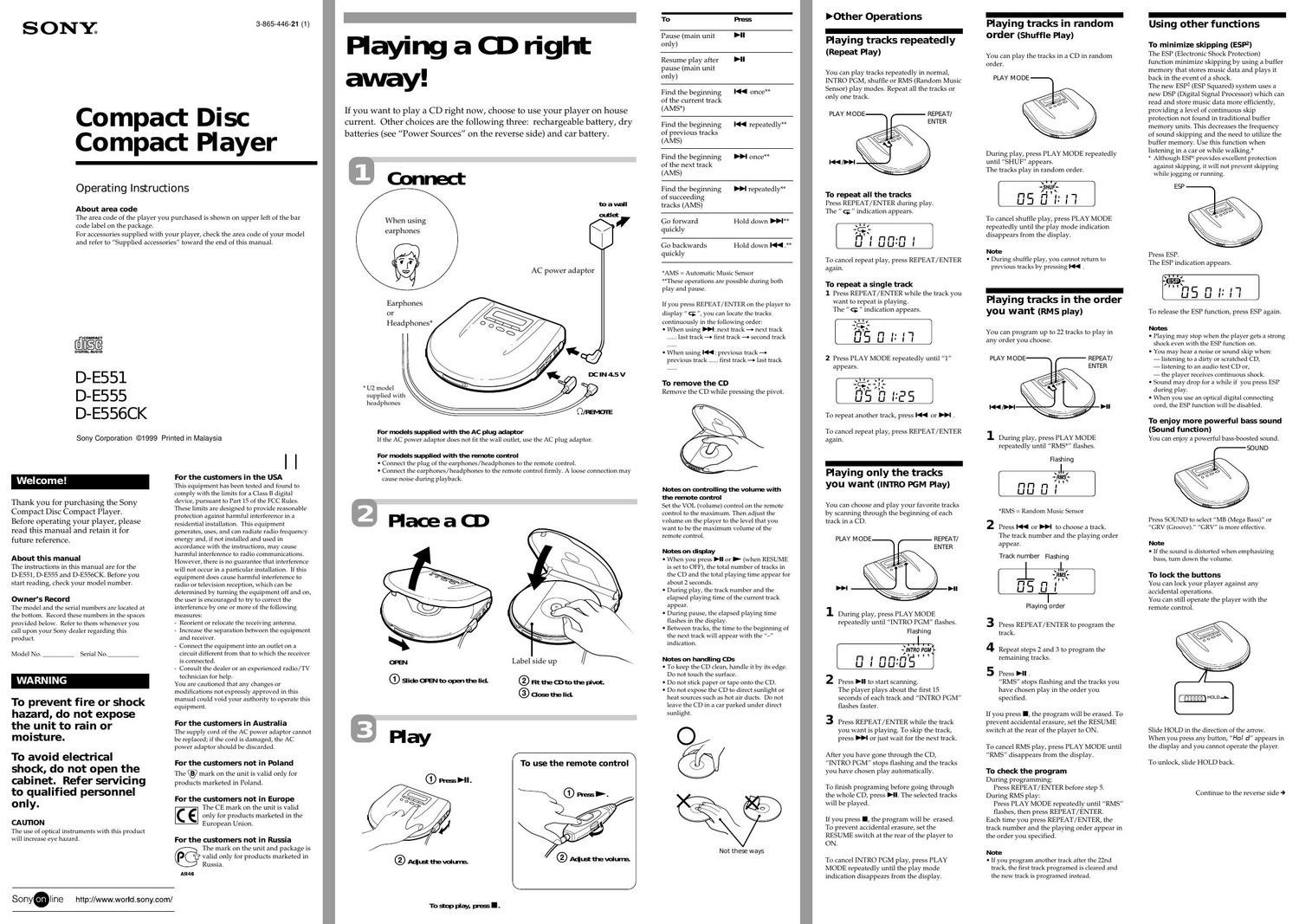 sony d e 551 owners manual