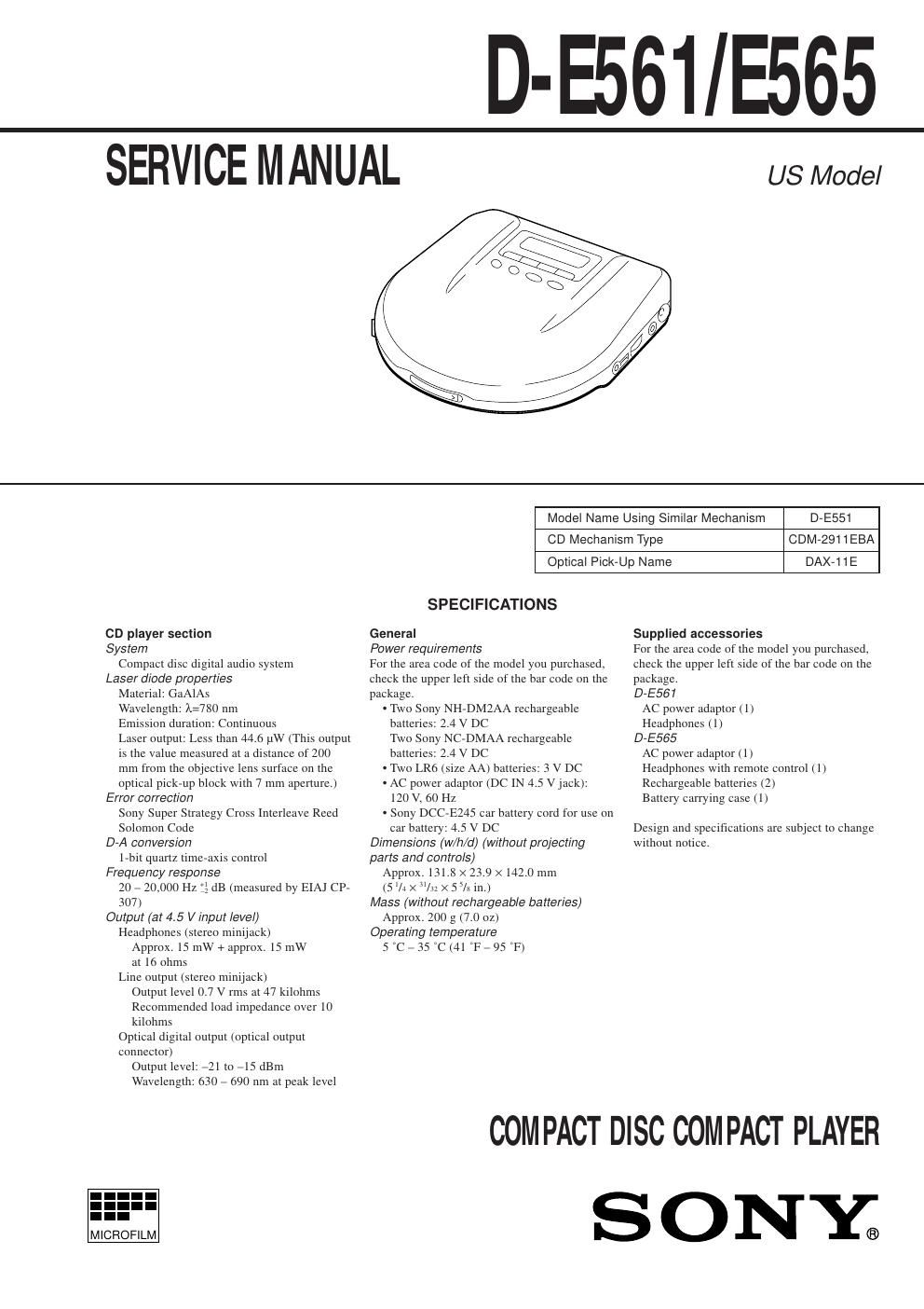 sony d e 561 service manual