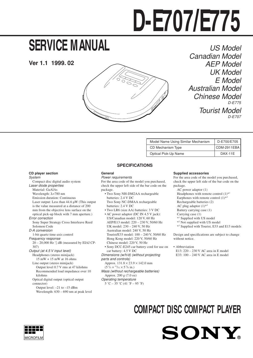 sony d e 707 service manual