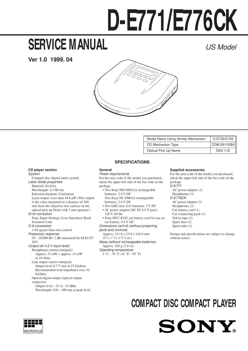 sony d e 771 service manual