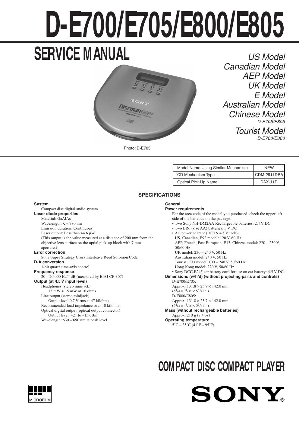 sony d e 800 service manual