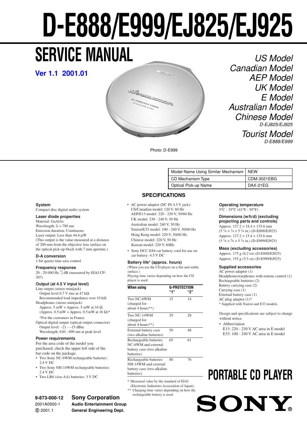 sony d e 925 service manual