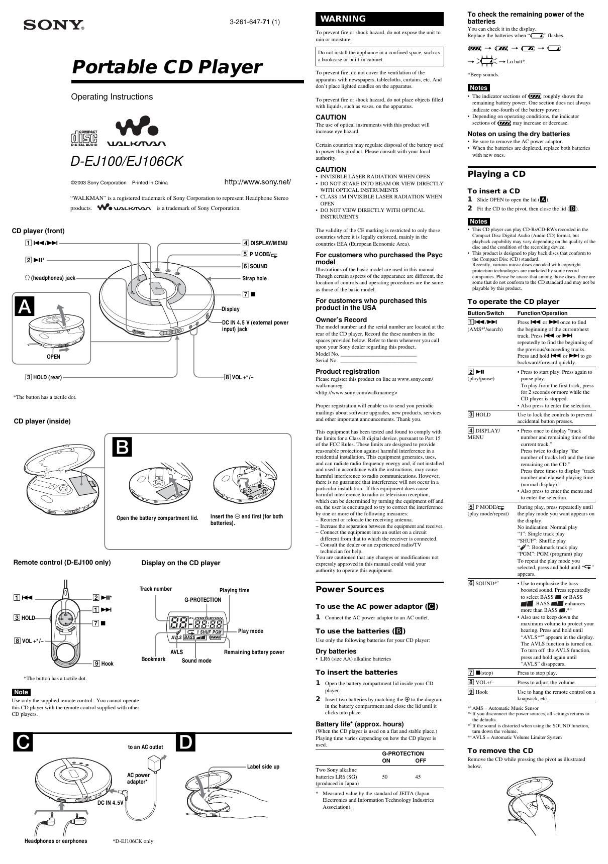 sony d ej 100 owners manual