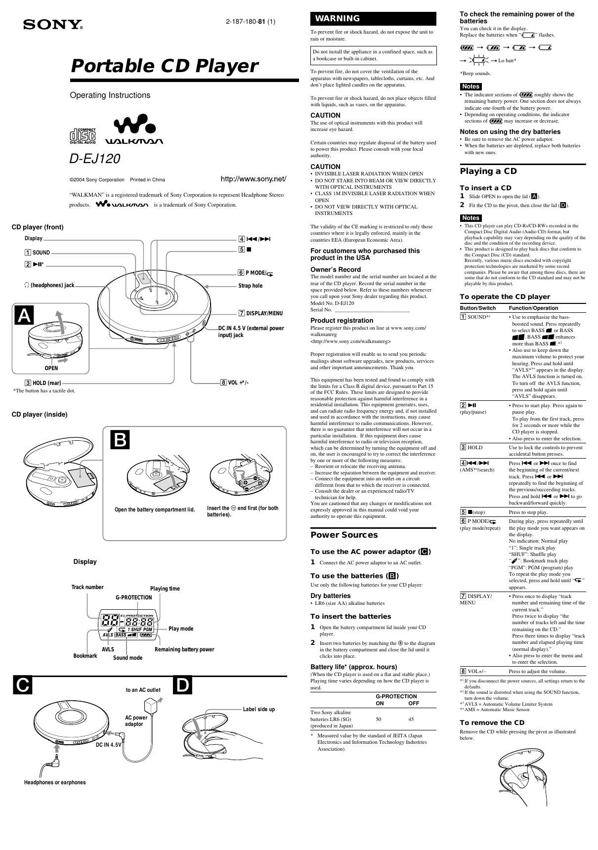sony d ej 120 owners manual