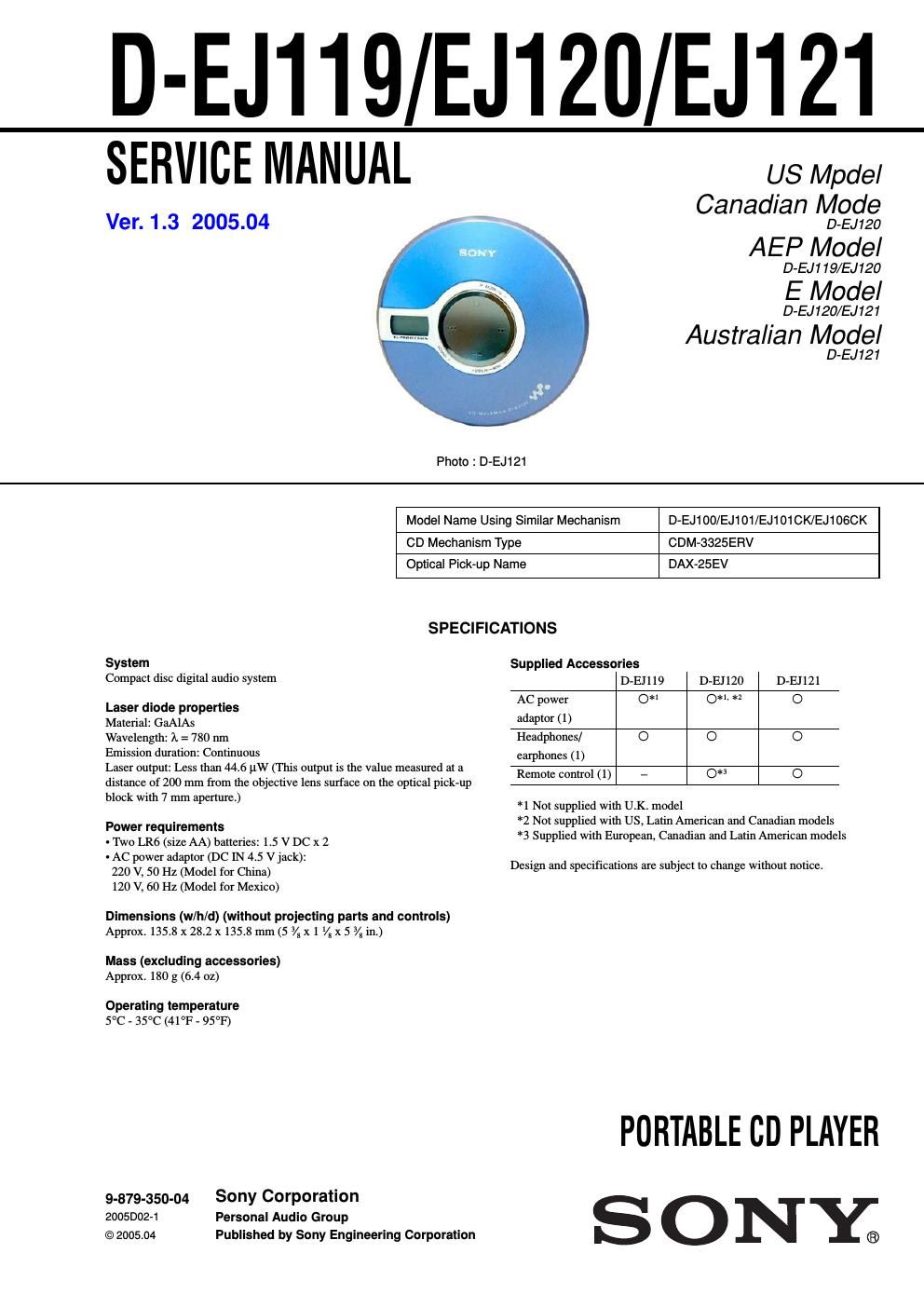 sony d ej 120 service manual