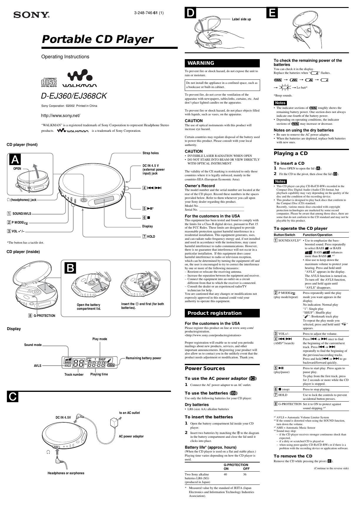 sony d ej 360 owners manual