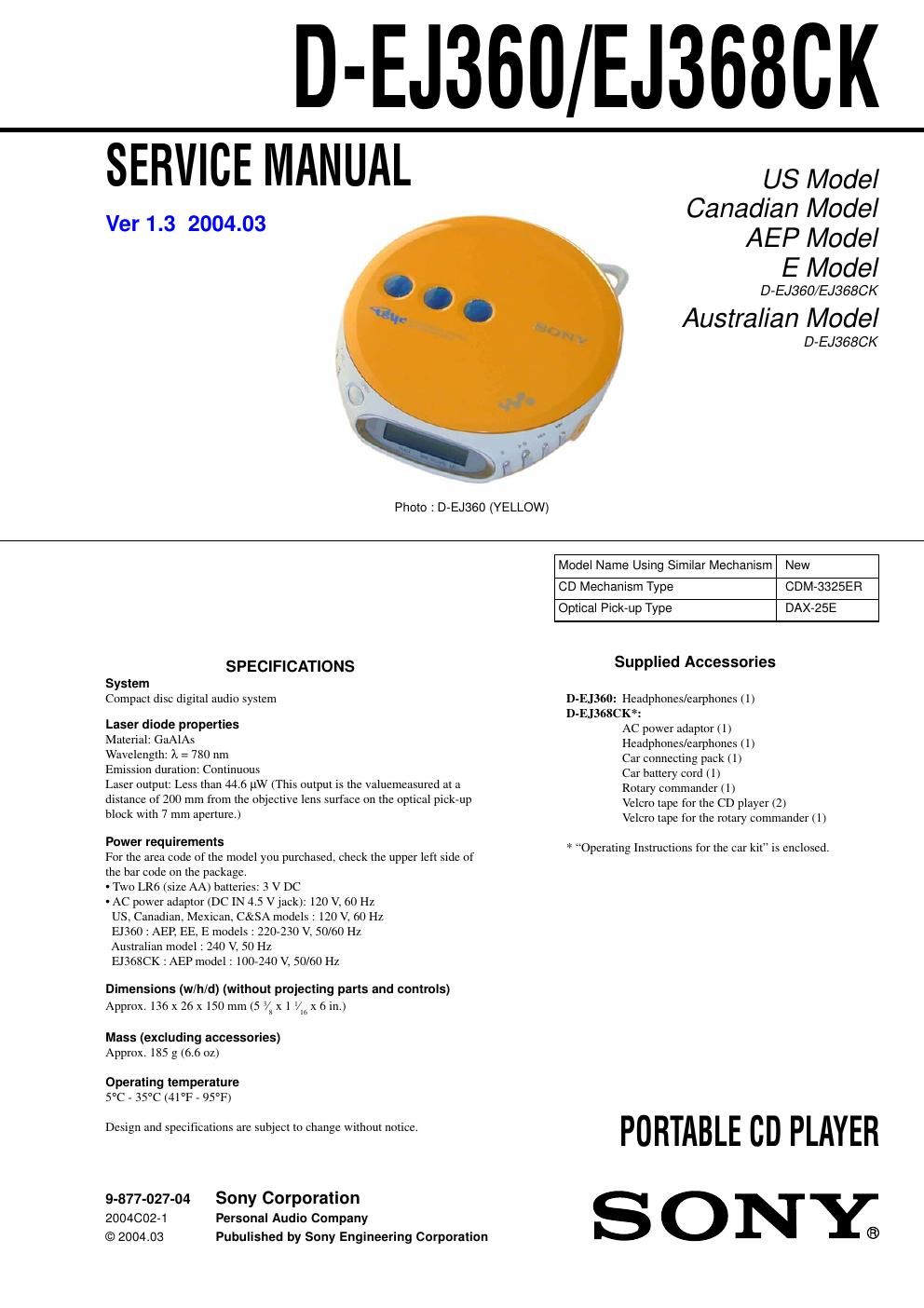 sony d ej 368 ck service manual