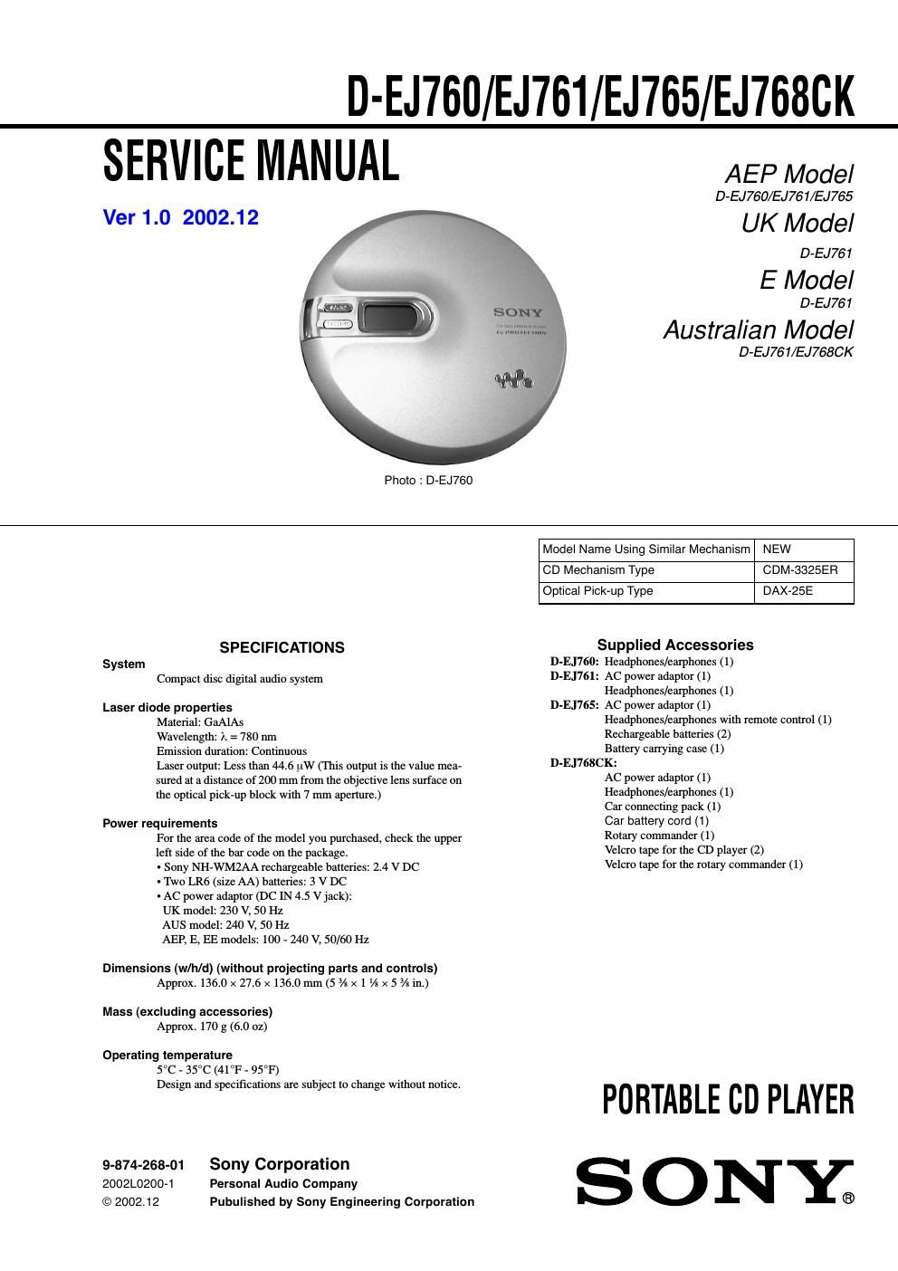 sony d ej 760 service manual