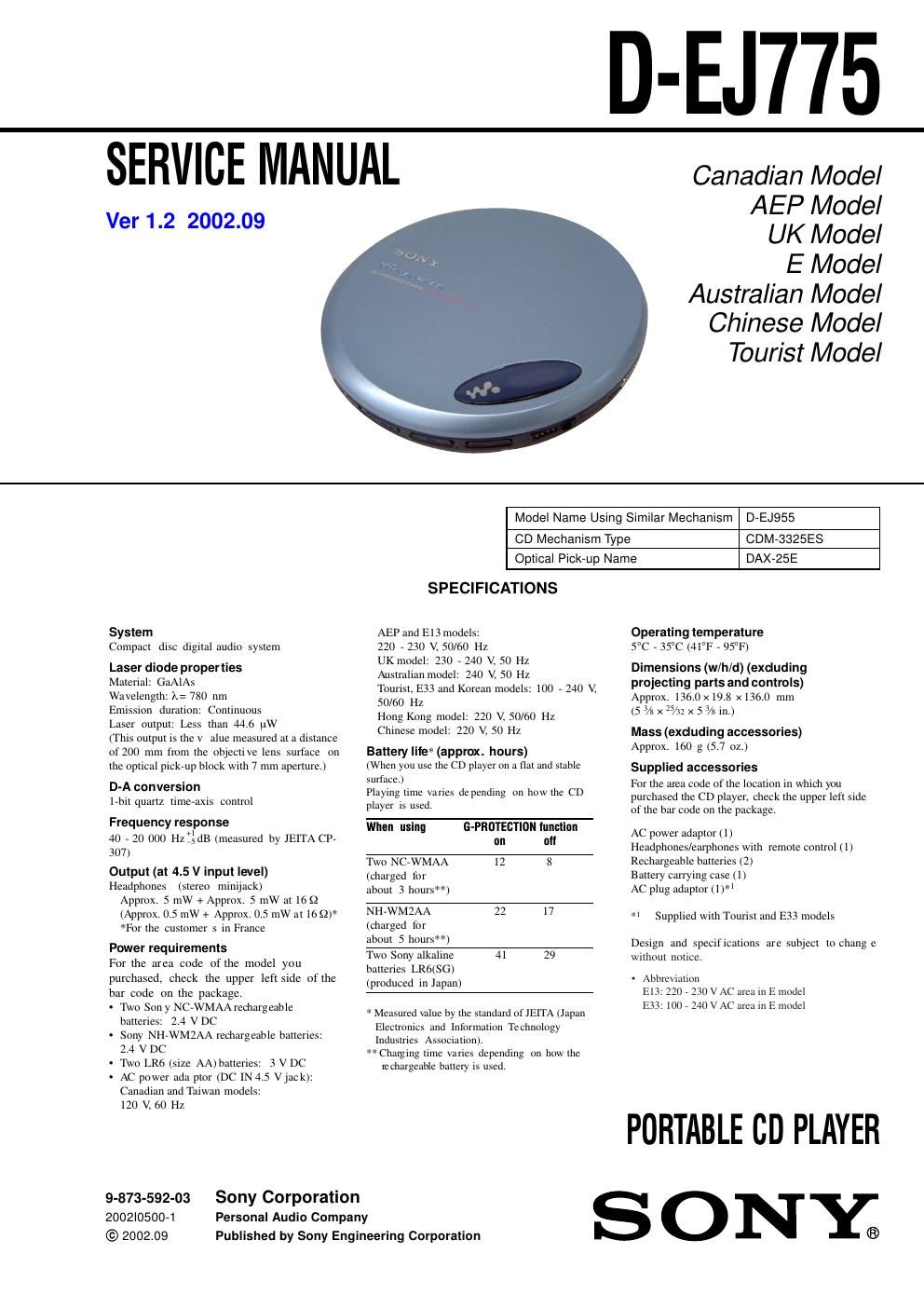 sony d ej 775 service manual