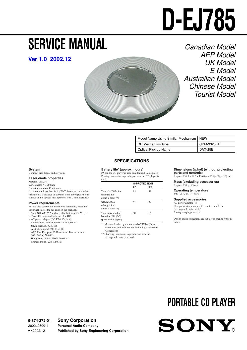 sony d ej 785 service manual