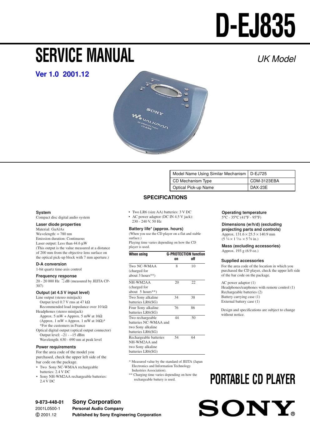 sony d ej 835 service manual