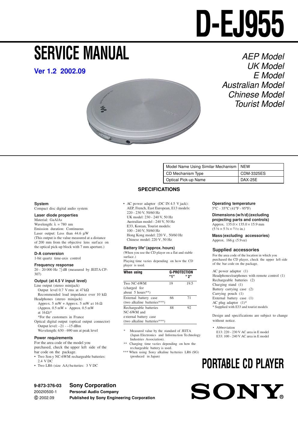 sony d ej 955 service manual