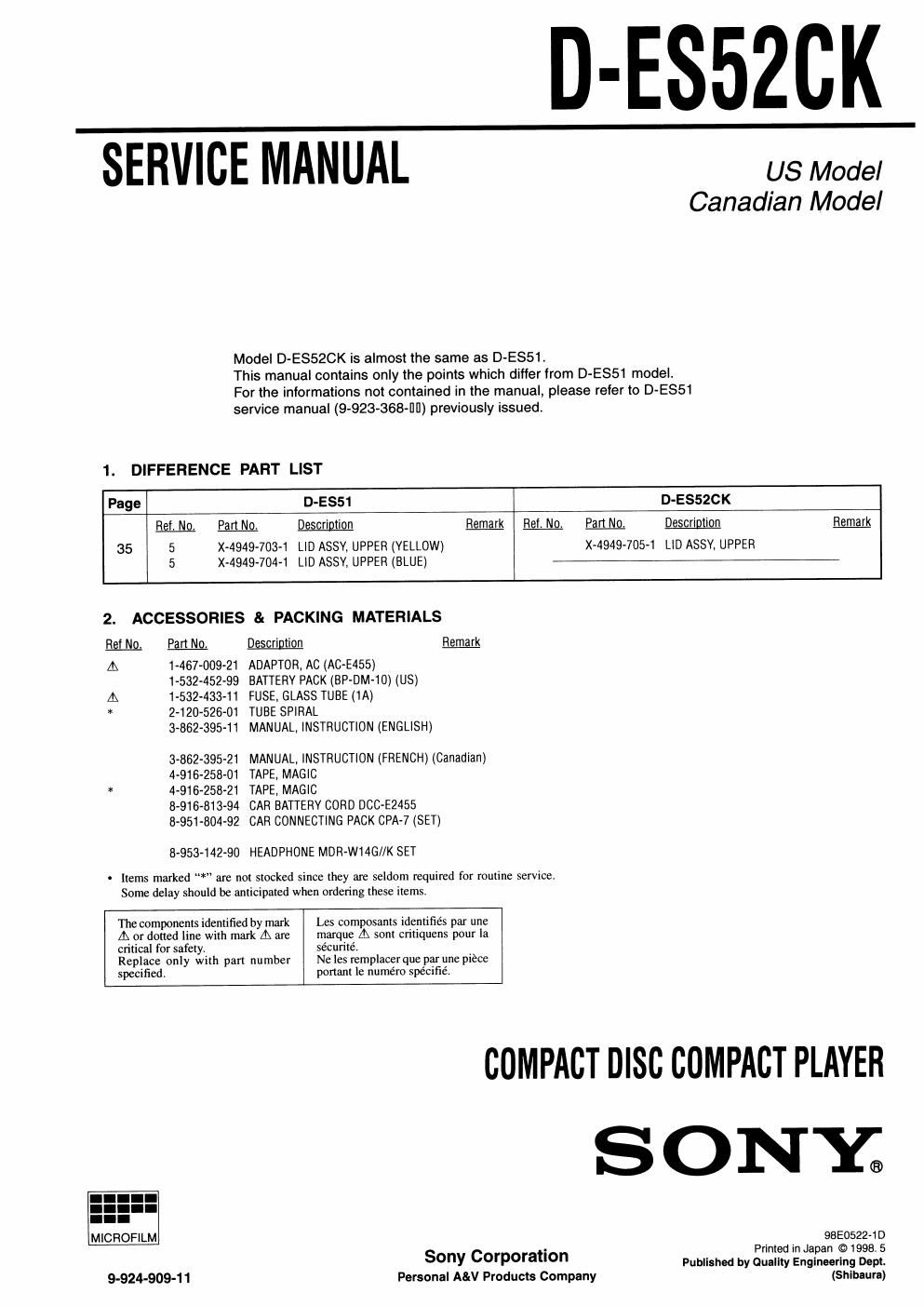 sony d es 52 ck service manual