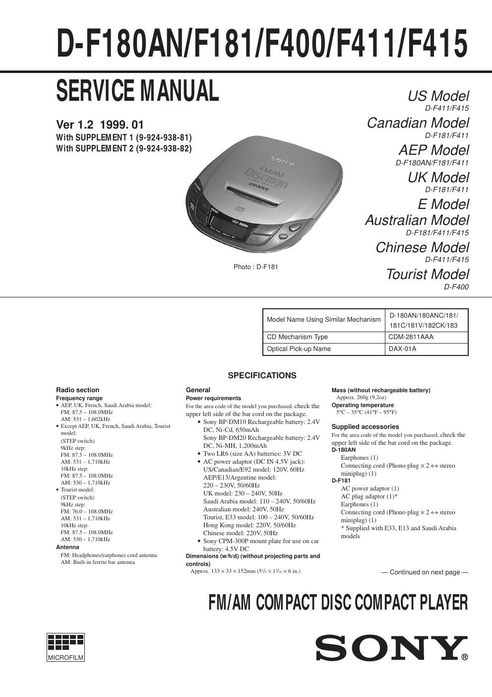 sony d f 180 an service manual