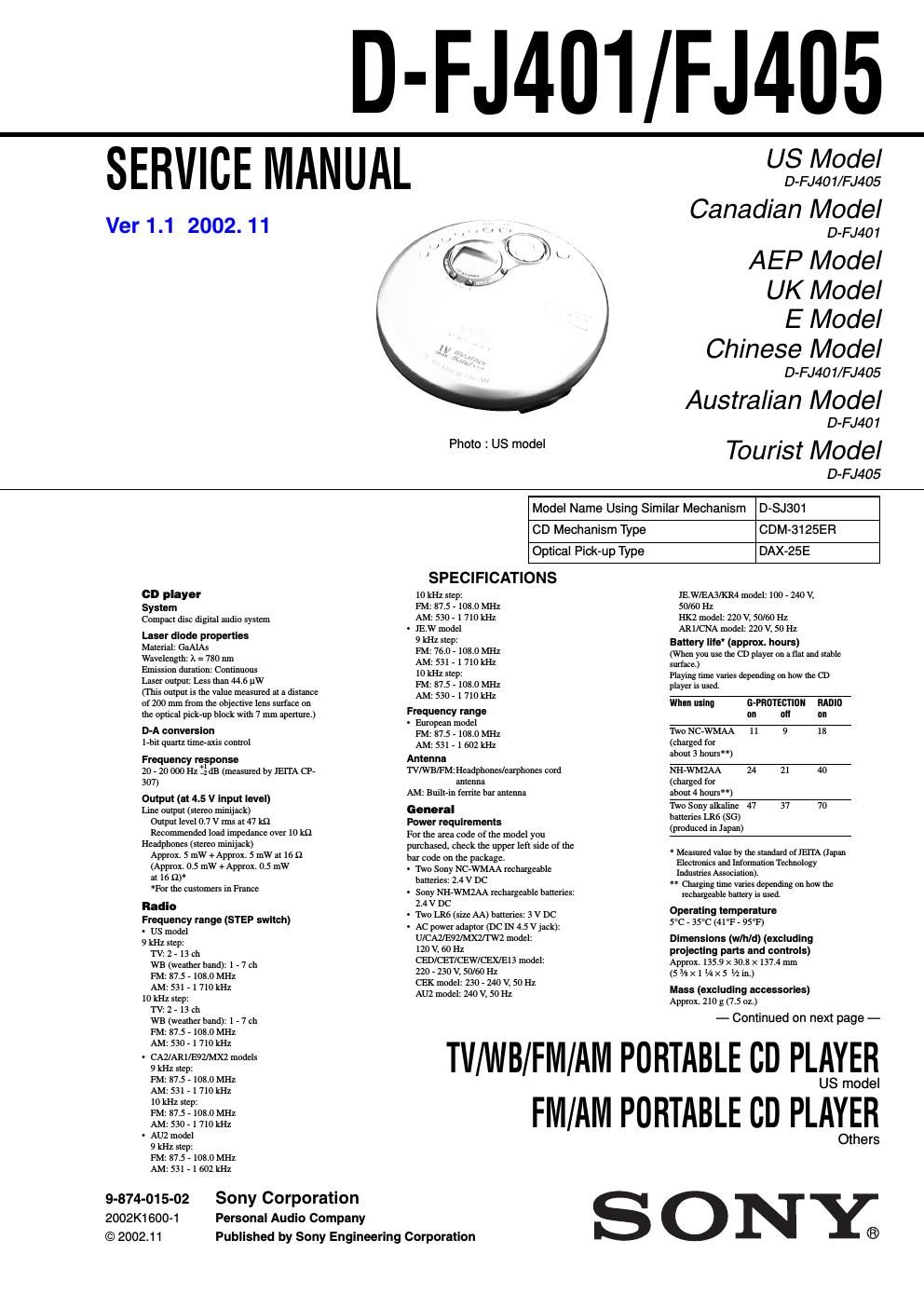 sony d fj 401 service manual