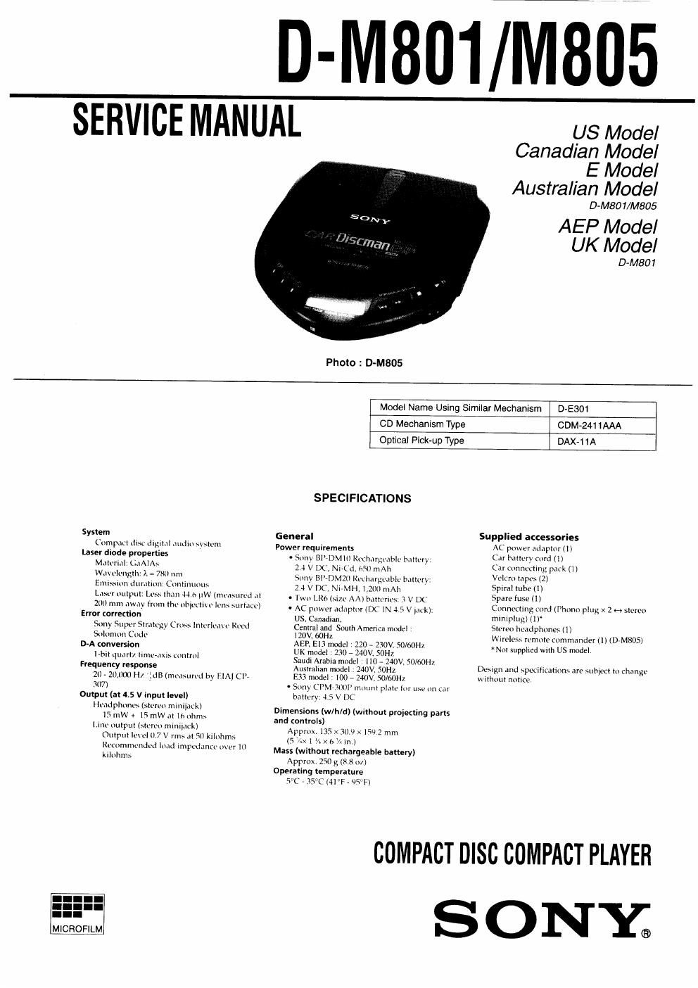 sony d m 801 service manual